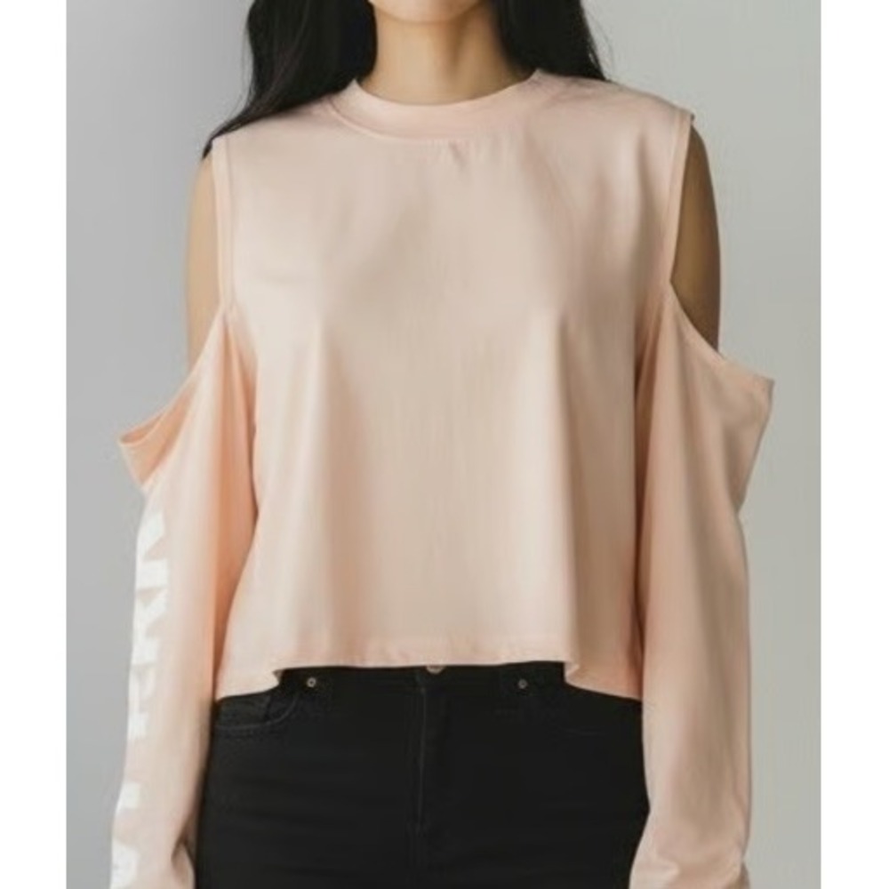 Ivy Park Beyonce Womens Cold Shoulder Crop Top Peach Pink Logo‎ Sleeve Size M